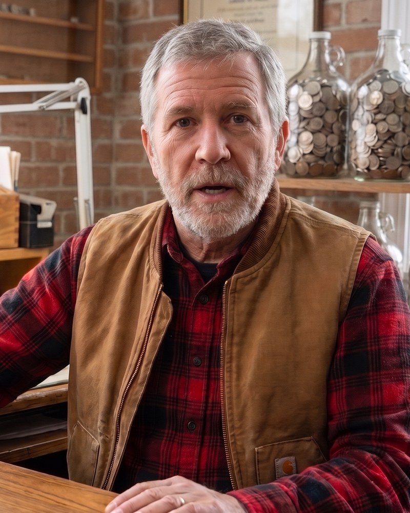 Albert Penny at his sorting desk, coin jars on the shelf behind him